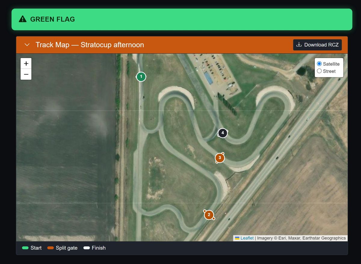 Track map for a sprint time trial: satellite view of the circuit with a numbered start marker, two split gates and a finish marker drawn on it.